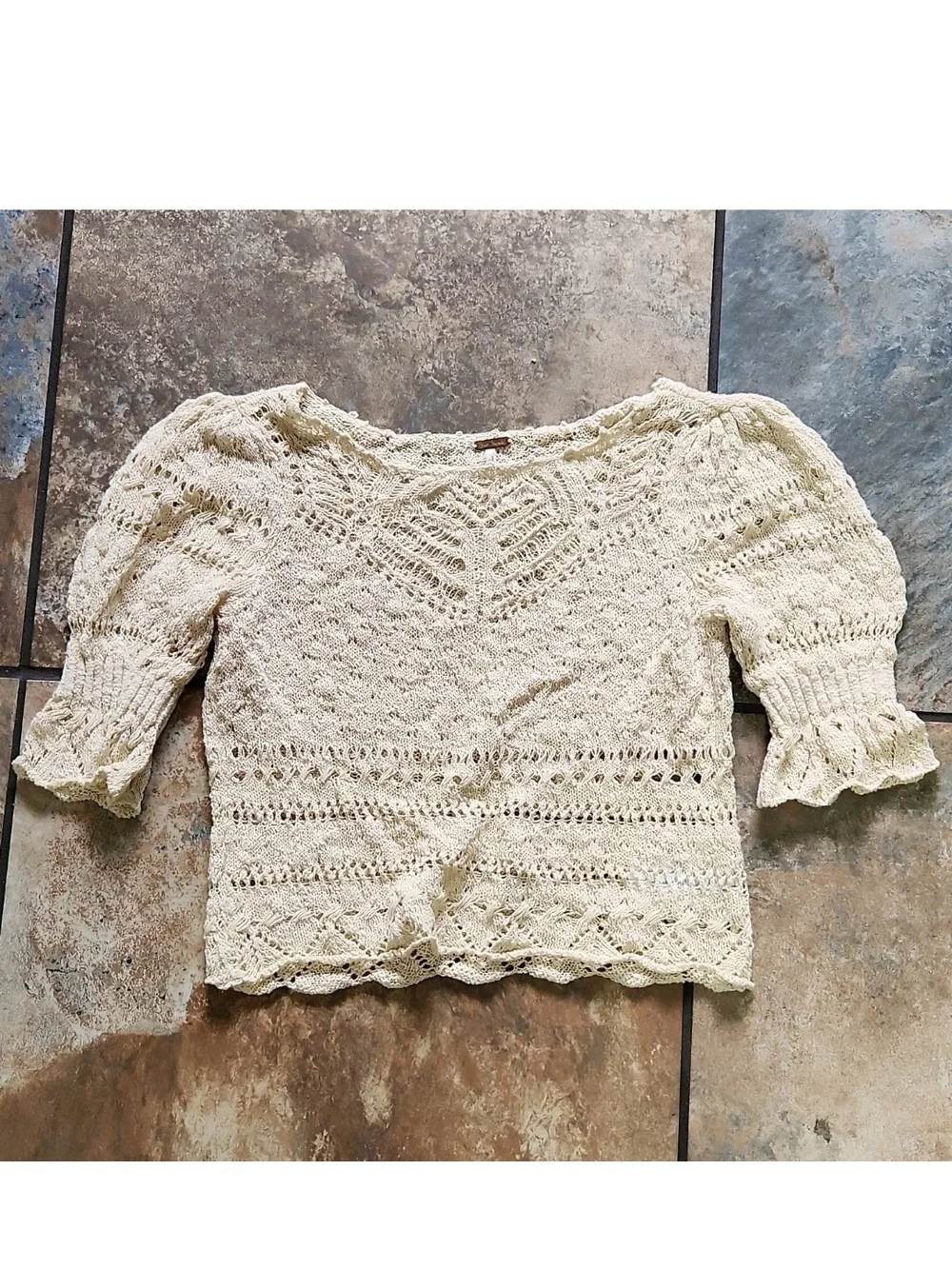 Free People Cream Openwork Knit Top